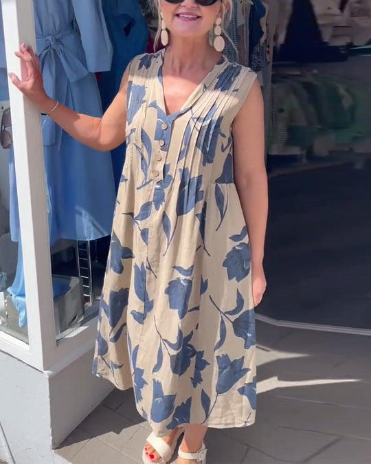 Damen nan lässiges V-Ausschnitt-Midikleid mit Brustpasse, senkrechten Falten und dekorativer Knopfleiste