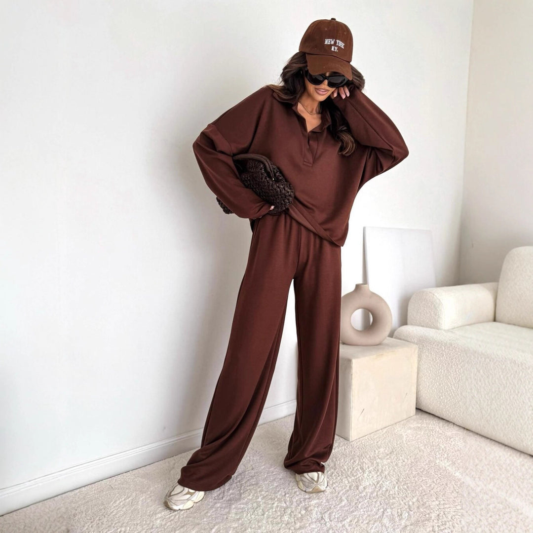Damen Loungewear-Zweiteiler mit Hemdkragen-Cropped-Sweatshirt und weiter Palazzo-Hose Shop Nory