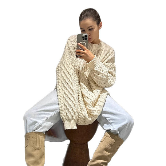 Damen Oversized Grobstrickpullover mit Zopfmuster und weiten Ballonärmeln Shop Nory