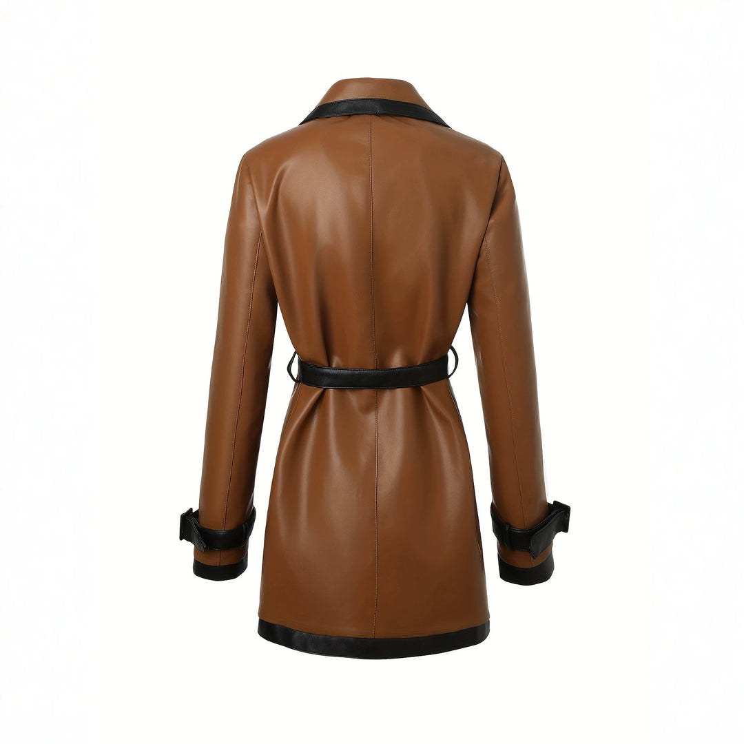 Damen taillierter Kunstleder-Trenchcoat mit kontrastbesatz und Bindegürtel Shop Nory