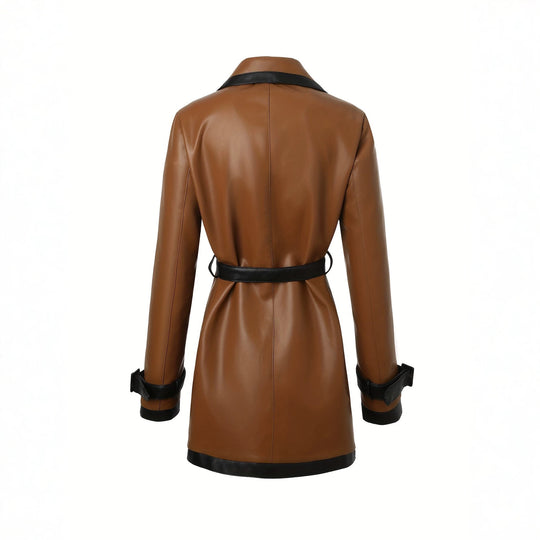 Damen taillierter Kunstleder-Trenchcoat mit kontrastbesatz und Bindegürtel Shop Nory