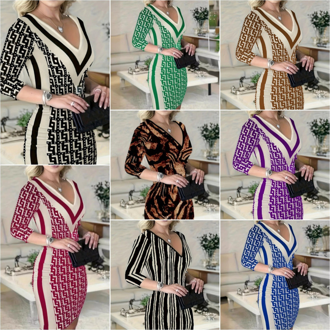Damen Figurbetontes Etui-Kleid mit tiefem V-Ausschnitt und Dreiviertelärmeln Shop Nory