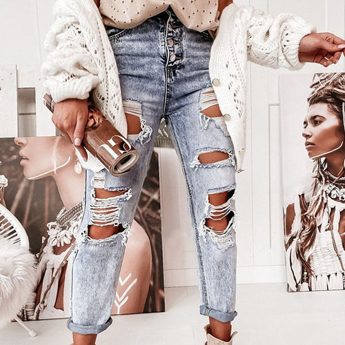 Damen Destroyed Jeans im lässigen Boyfriend-Schnitt mit hohem Bund und Details