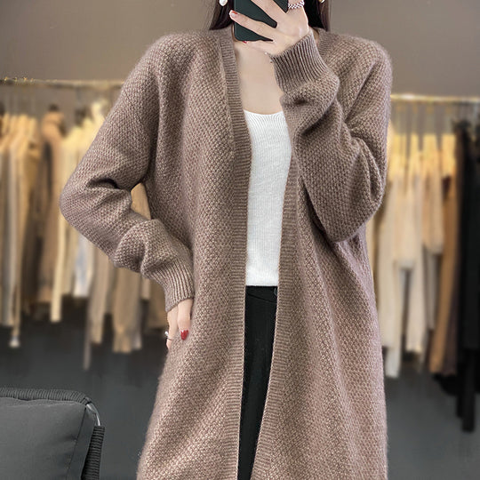 Damen Langer Offener Strickcardigan mit Samenmuster und gerippten Abschlüssen Shop Nory