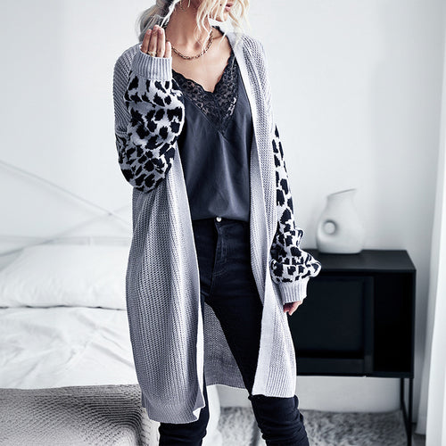 Damen Langer Offener Strickcardigan mit Leopardenmusterärmeln und geripptem Saum Shop Nory