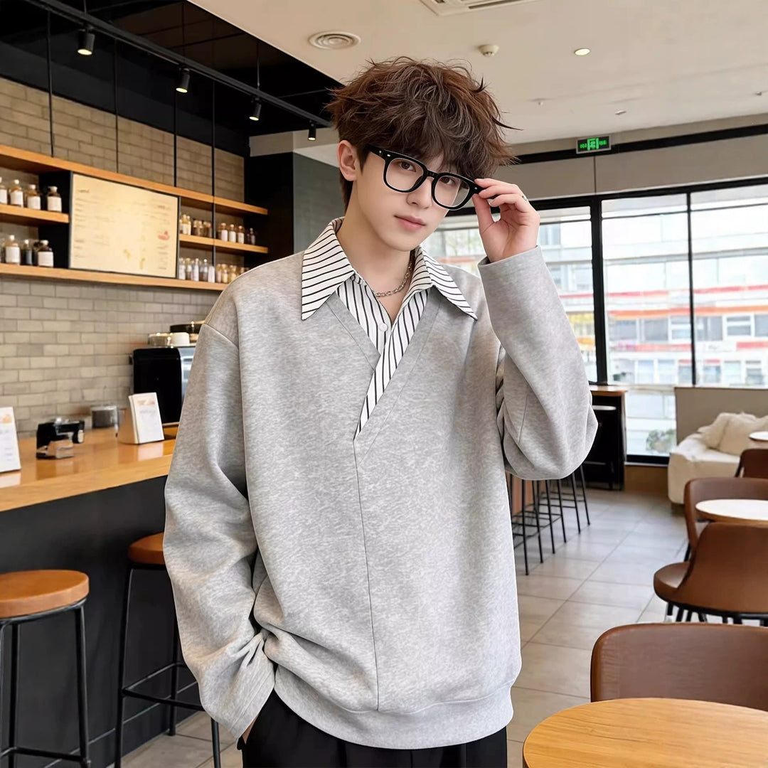 Herren Oversize Pullover mit eingearbeitetem Hemdkragen und V‑Overlap Shop Nory