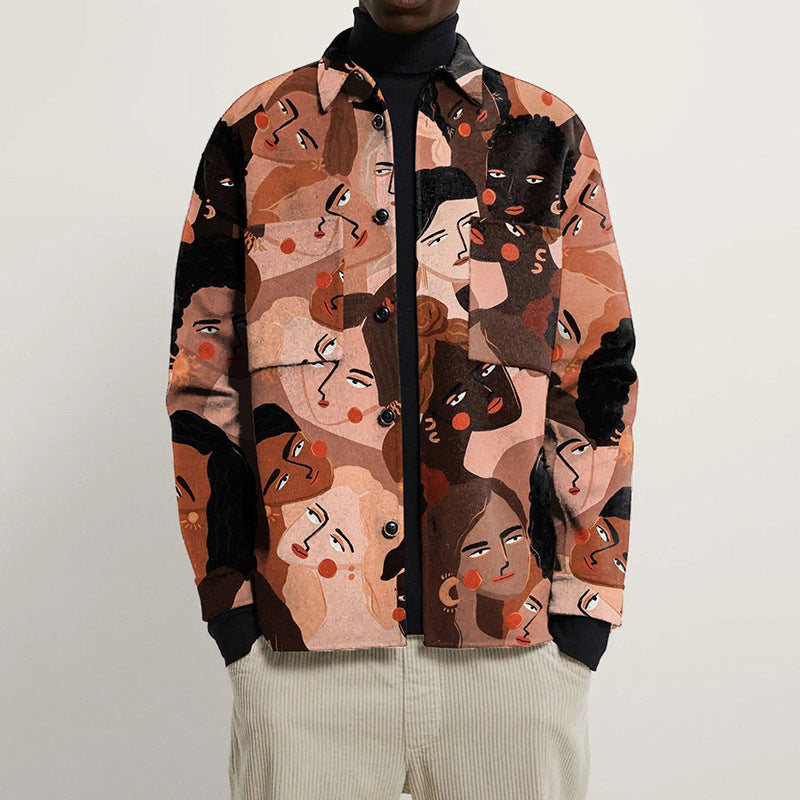 Damen Oversized Wolloptik-Überhemd mit asymmetrischem Vogelprint und Pattentasche Shop Nory