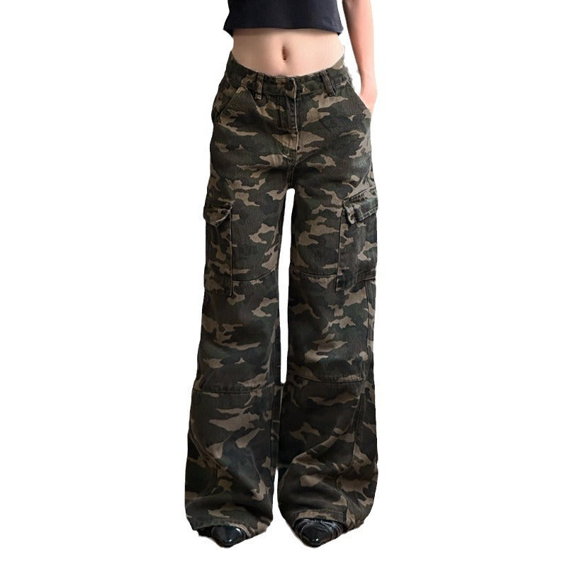 Damen nan weite Cargo-Hose mit Camouflage-Print, hoher Taille und mehreren aufgesetzten Beintaschen Shop Nory