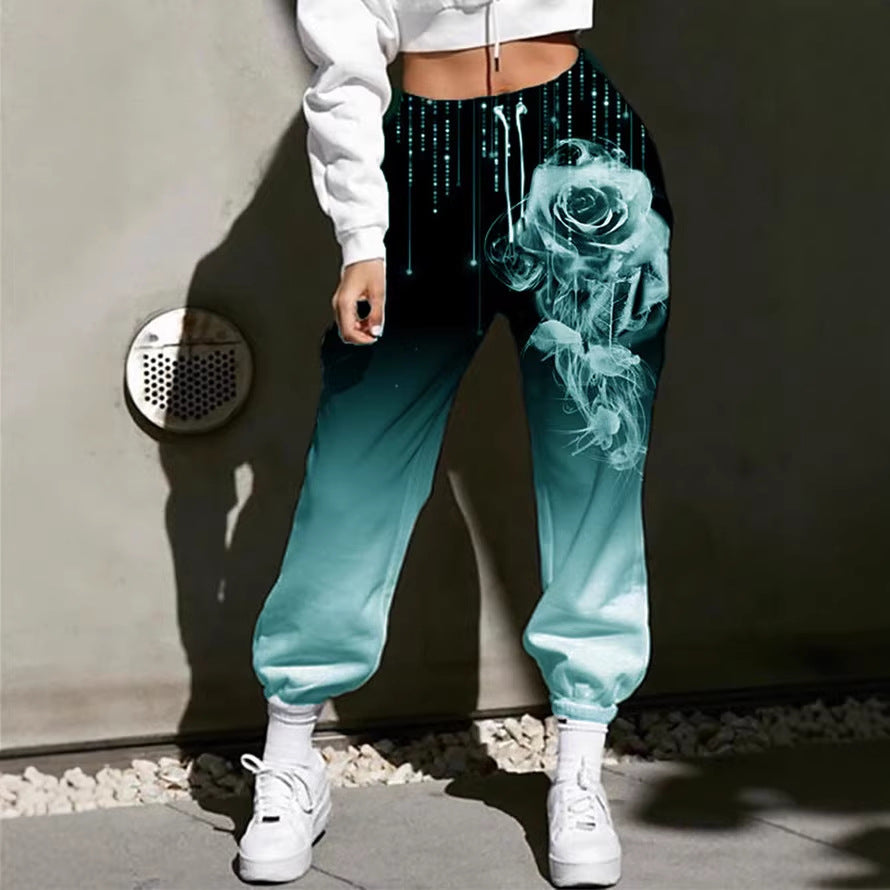Damen Hohe Taille Jogginghosen mit Ombre-Gradient, Smoke Rose Druck und Elastischen Bündchen Shop Nory