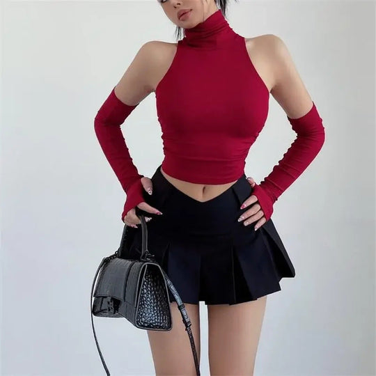 Damen Langarm Crop-Top mit Stehkragen und figurbetontem Schnitt