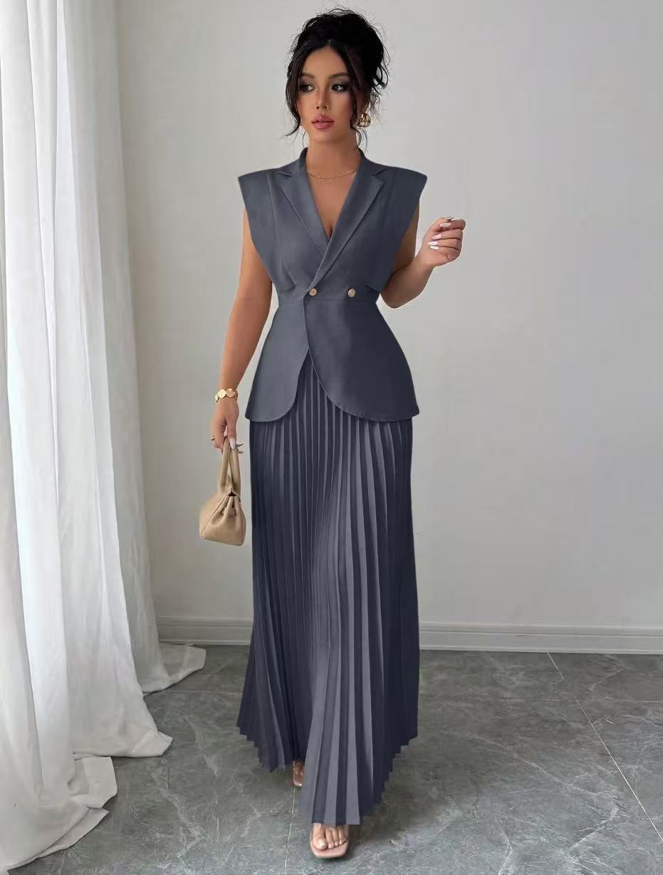 Damen Ärmelloses tailliertes Blazer-Set mit plissiertem Maxirock Shop Nory