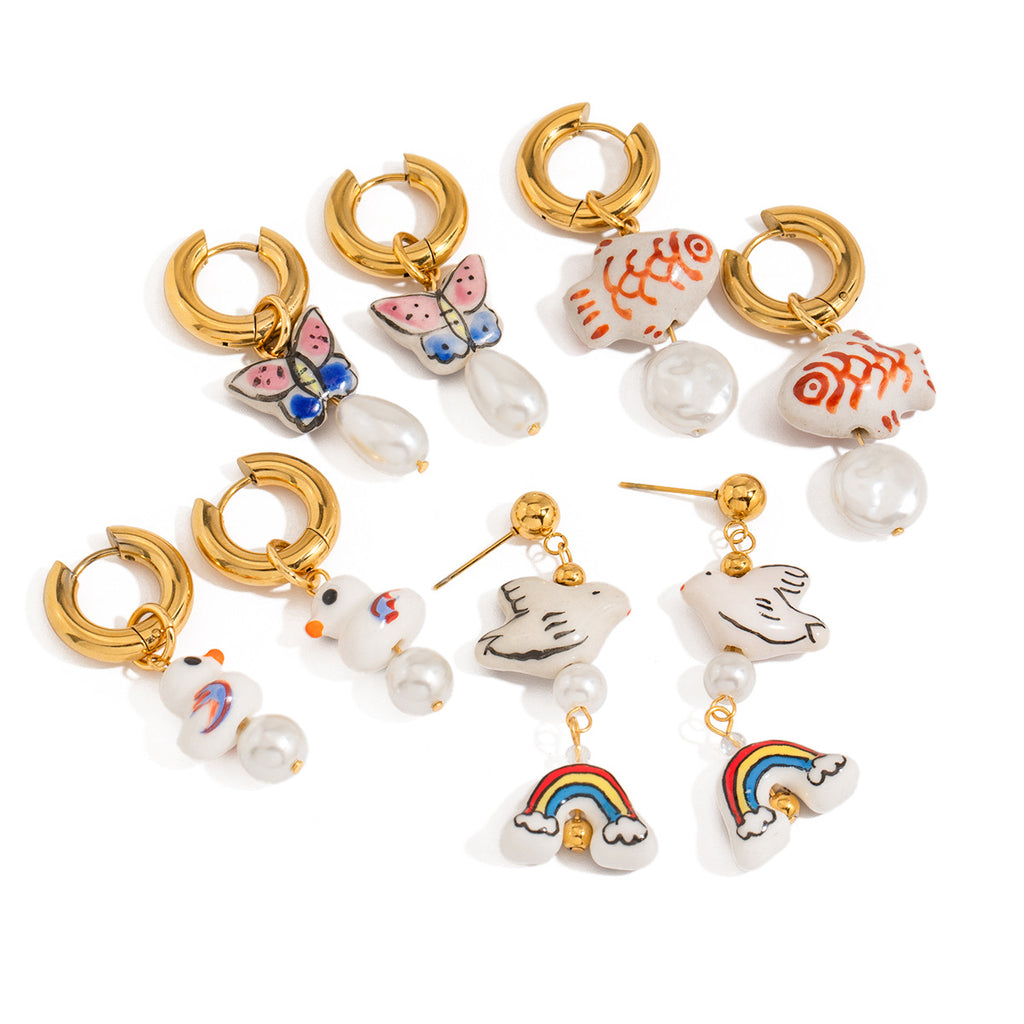 Damen Ohrhänger im verspielten Enten-Design mit Perlenschmuck und hypoallergener Edelstahlverarbeitung Shop Nory