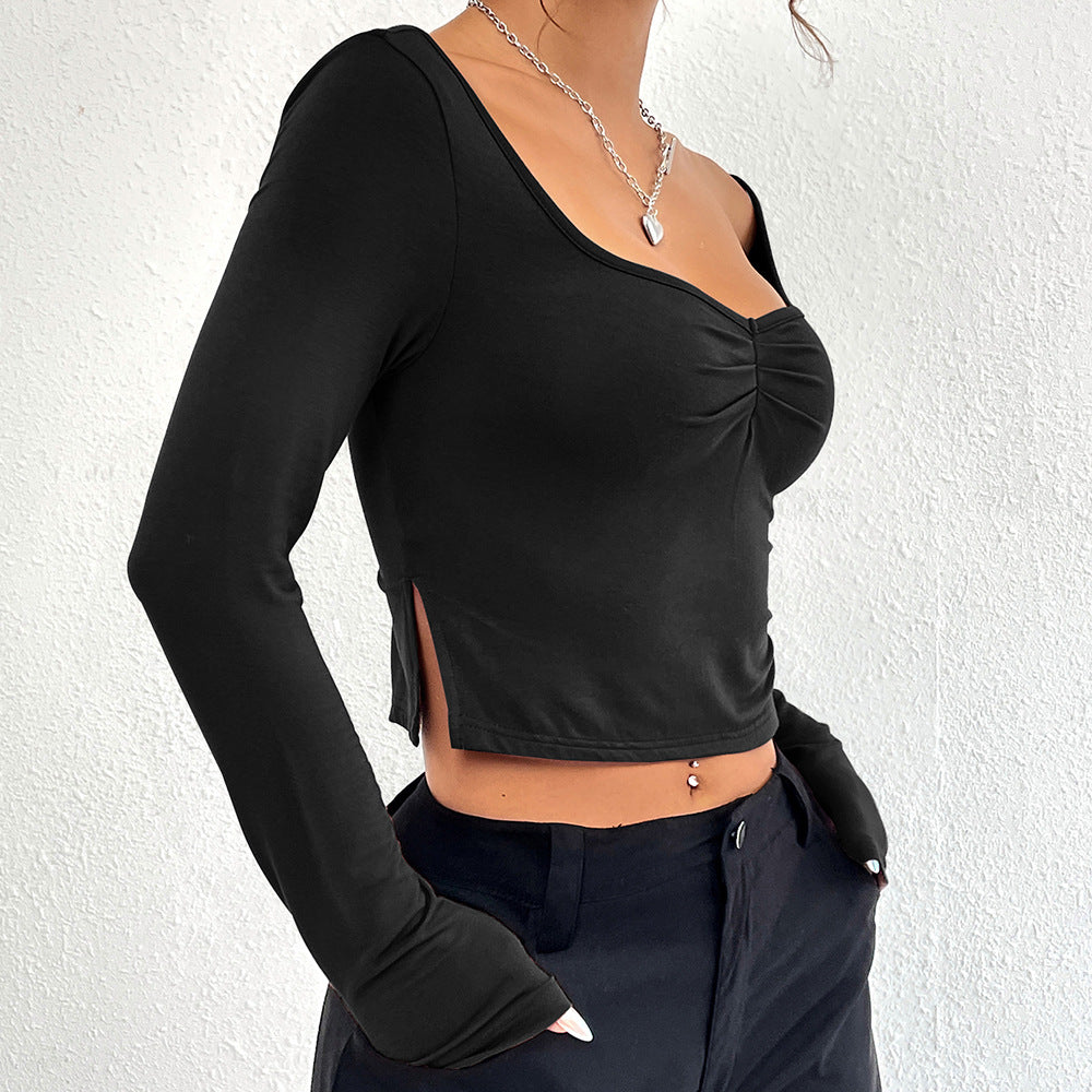 Damen gerafftes Cropped-Longsleeve mit Herz-Ausschnitt und Seitenschlitzen Shop Nory