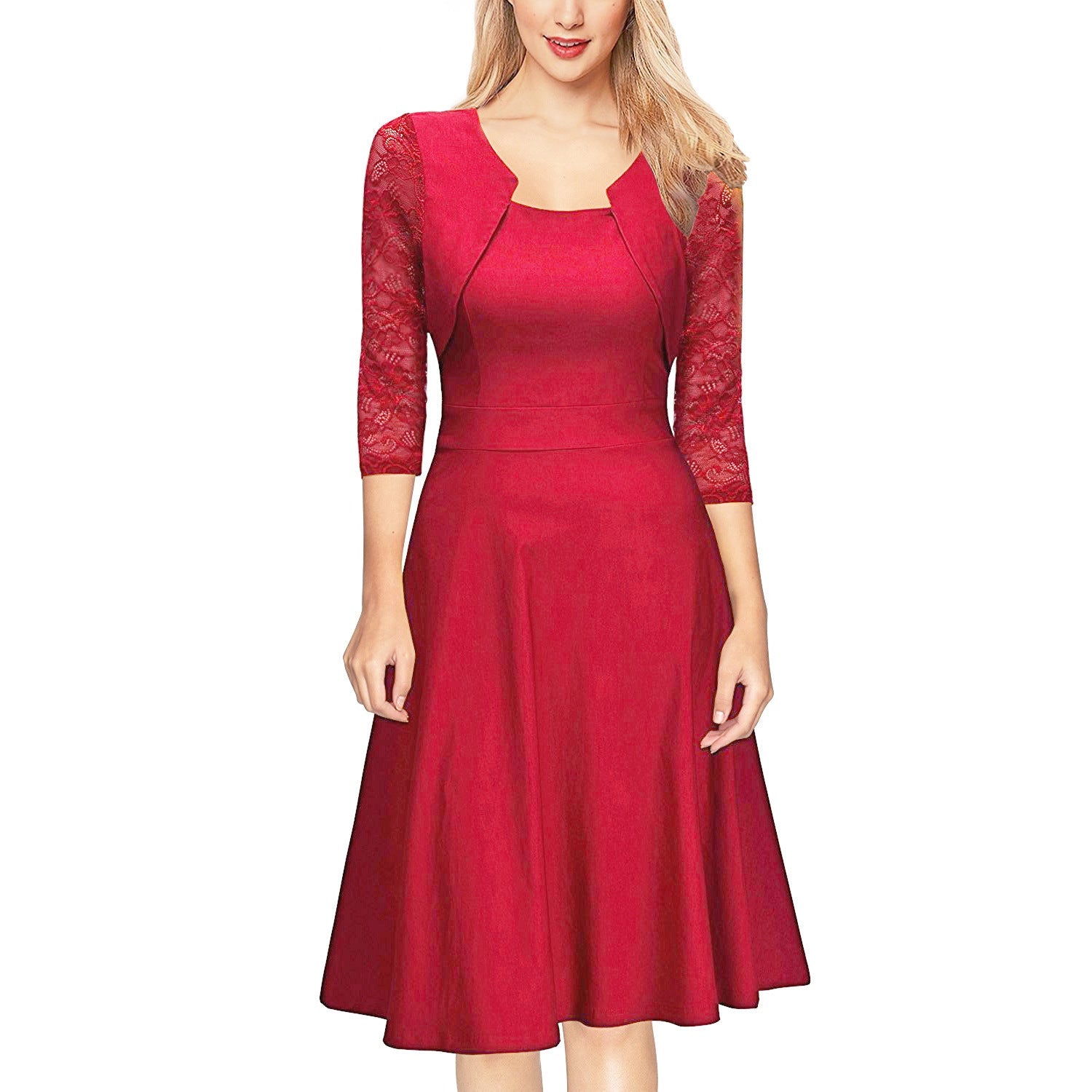 Damen Midi-Kleid mit Spitzenärmeln und schwingendem Rock
