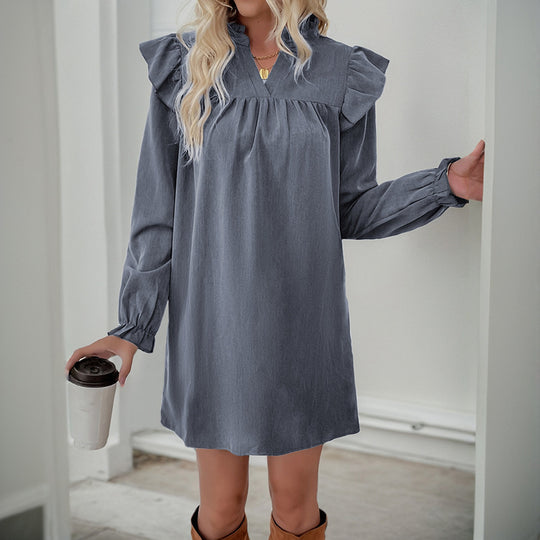 Damen Rüschen-A-Linien Kleid mit geraffter Brust und V-Ausschnitt Shop Nory