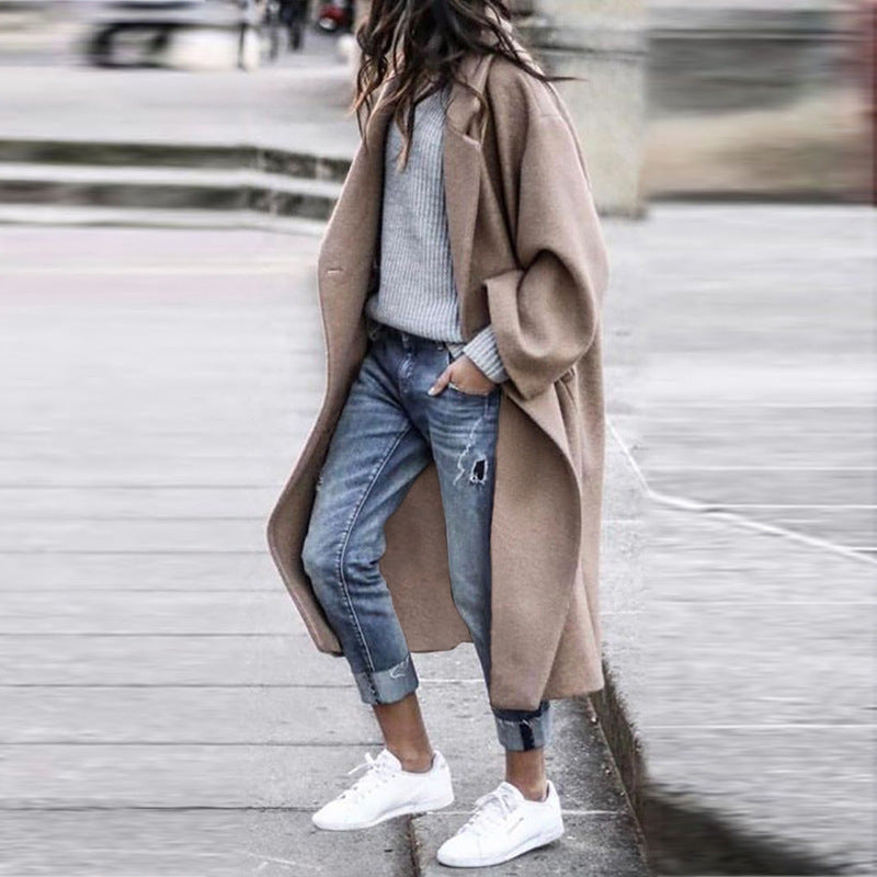 Damen Oversize Wollmantel mit fallender Schulter, offener Front und Eingrifftaschen Shop Nory