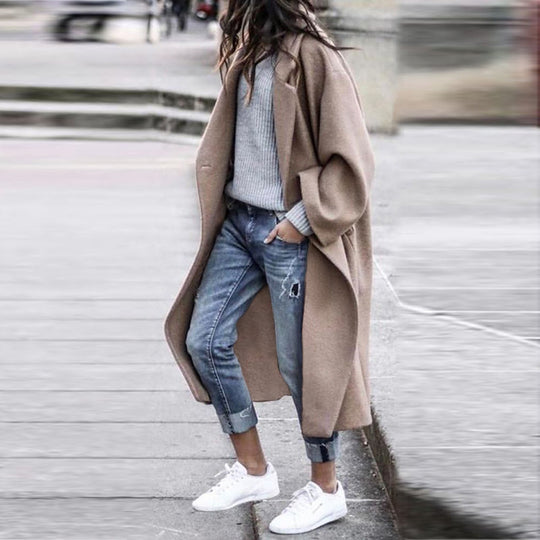 Damen Oversize Wollmantel mit fallender Schulter, offener Front und Eingrifftaschen Shop Nory