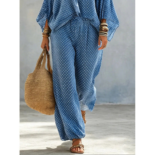 Damen Boho-Lounge-Set mit weitem V-Ausschnitt, Fledermausärmeln und elastischer Bund-Palazzohose Shop Nory