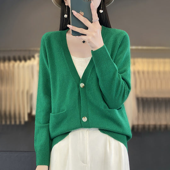 Damen Lässiger Feinstrick-Cardigan mit V‑Ausschnitt, Eingrifftaschen und breitem Rippbund Shop Nory