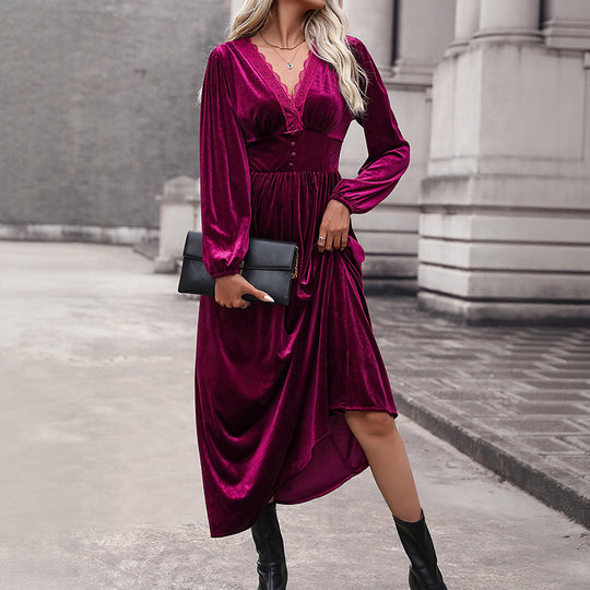 Damen Samt-Maxikleid mit V-Ausschnitt und Empire-Taille Shop Nory