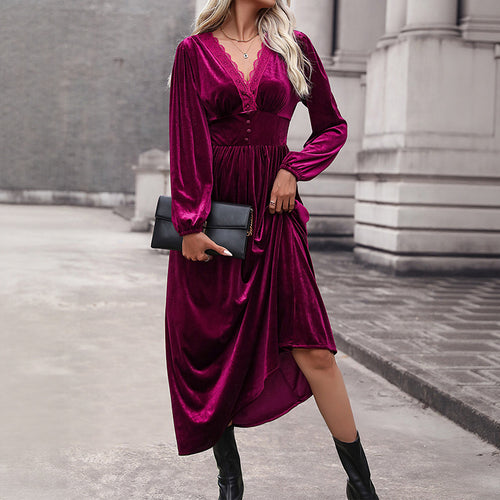Damen Samt-Maxikleid mit V-Ausschnitt und Empire-Taille Shop Nory