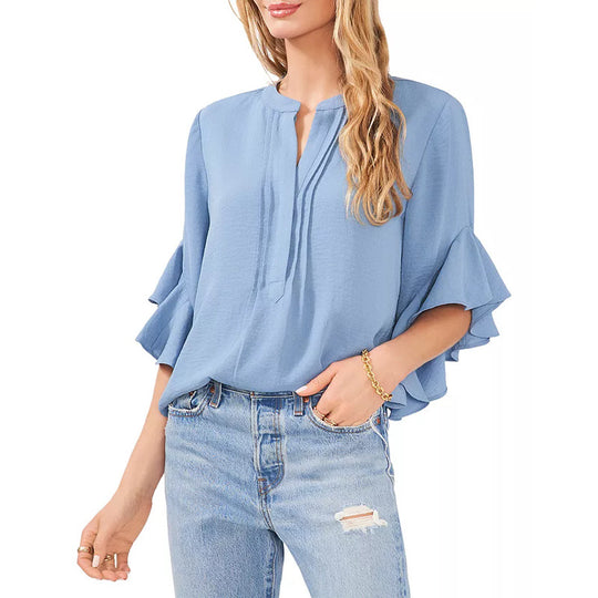 Damen Rüschen-Bluse mit V-Schlitz, lockerem Schnitt und Trompetenärmeln Shop Nory