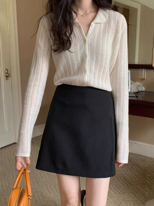 Damen Leichter Ajourstrick-Knopfccardigan mit Hemdkragen und feiner Zopfmusterstruktur Shop Nory