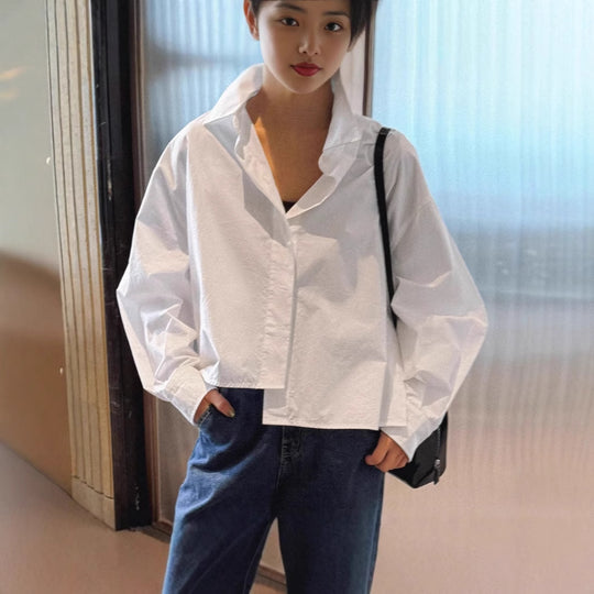 Damen Asymmetrische Cropped-Bluse aus Baumwoll-Popeline im Oversize-Schnitt Shop Nory