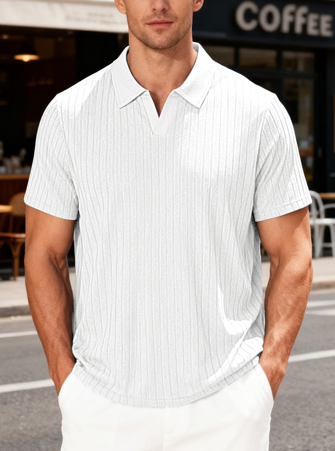 Herren Geripptes Kurzarm-Polohemd mit V-Ausschnitt und offener Kragenpartie Shop Nory