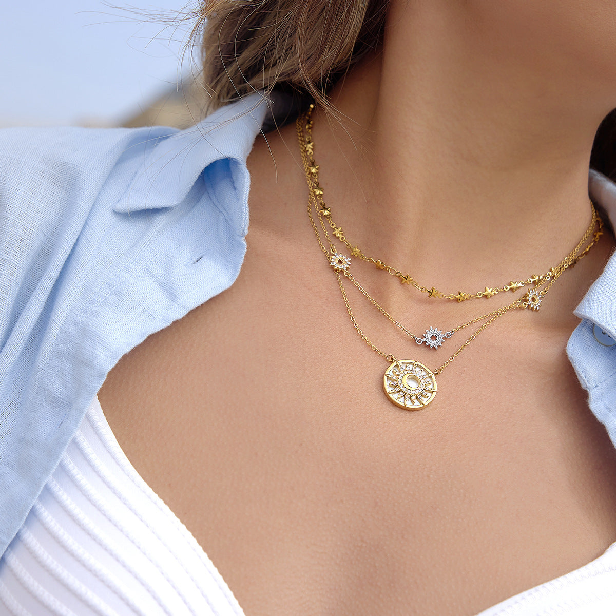 Damen Halskette mit verspiegeltem Sonnenanhänger und hypoallergener Edelstahlverarbeitung Shop Nory