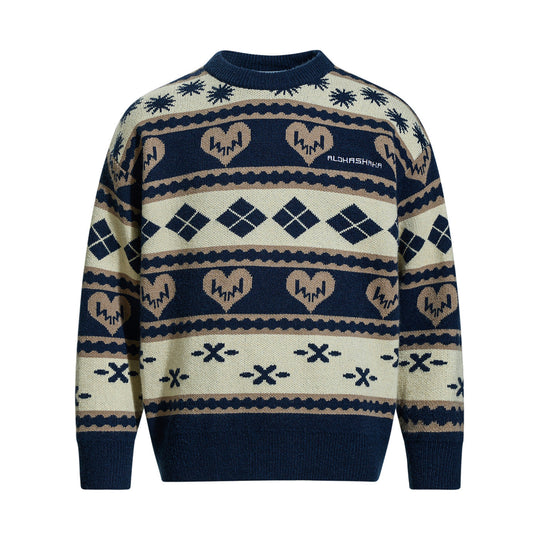 Herren Gemusterter Grobstrick-Pullover im Norwegerstil mit Rundhalsausschnitt Shop Nory