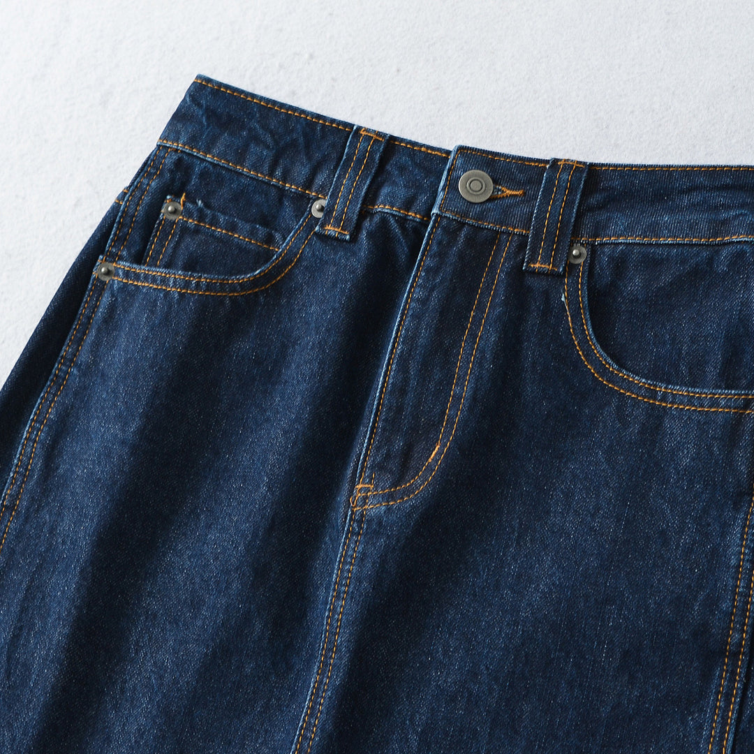 Damen Hochtaillierter Midirock aus Denim mit sichtbaren Nähten und umgeschlagener Saum Shop Nory
