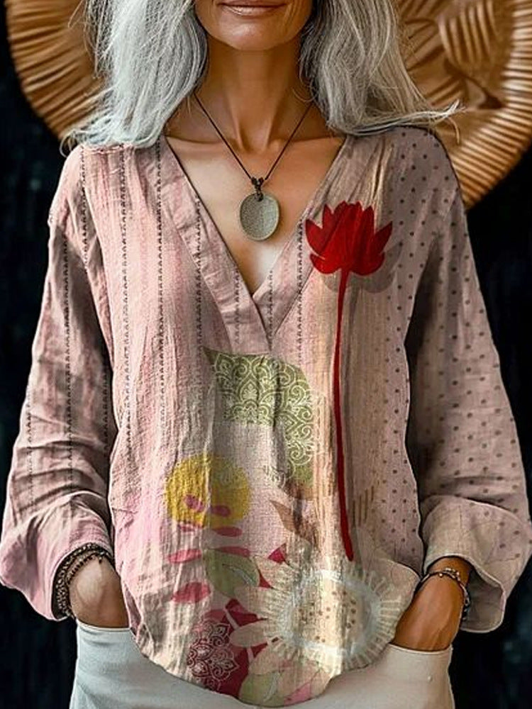 Damen Boho-Leinenmischung Tunika-Bluse mit V-Ausschnitt und floraler Aquarellstickerei Shop Nory