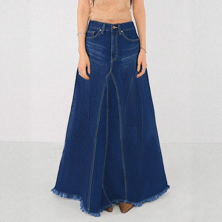 Damen taillenhoher A‑Linien Denim‑Maxirock mit dekorativen Nähten und rohem Fransen Saum Shop Nory