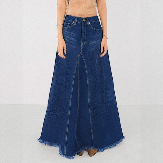 Damen taillenhoher A‑Linien Denim‑Maxirock mit dekorativen Nähten und rohem Fransen Saum Shop Nory