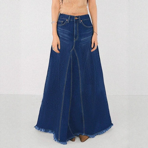 Damen taillenhoher A‑Linien Denim‑Maxirock mit dekorativen Nähten und rohem Fransen Saum Shop Nory