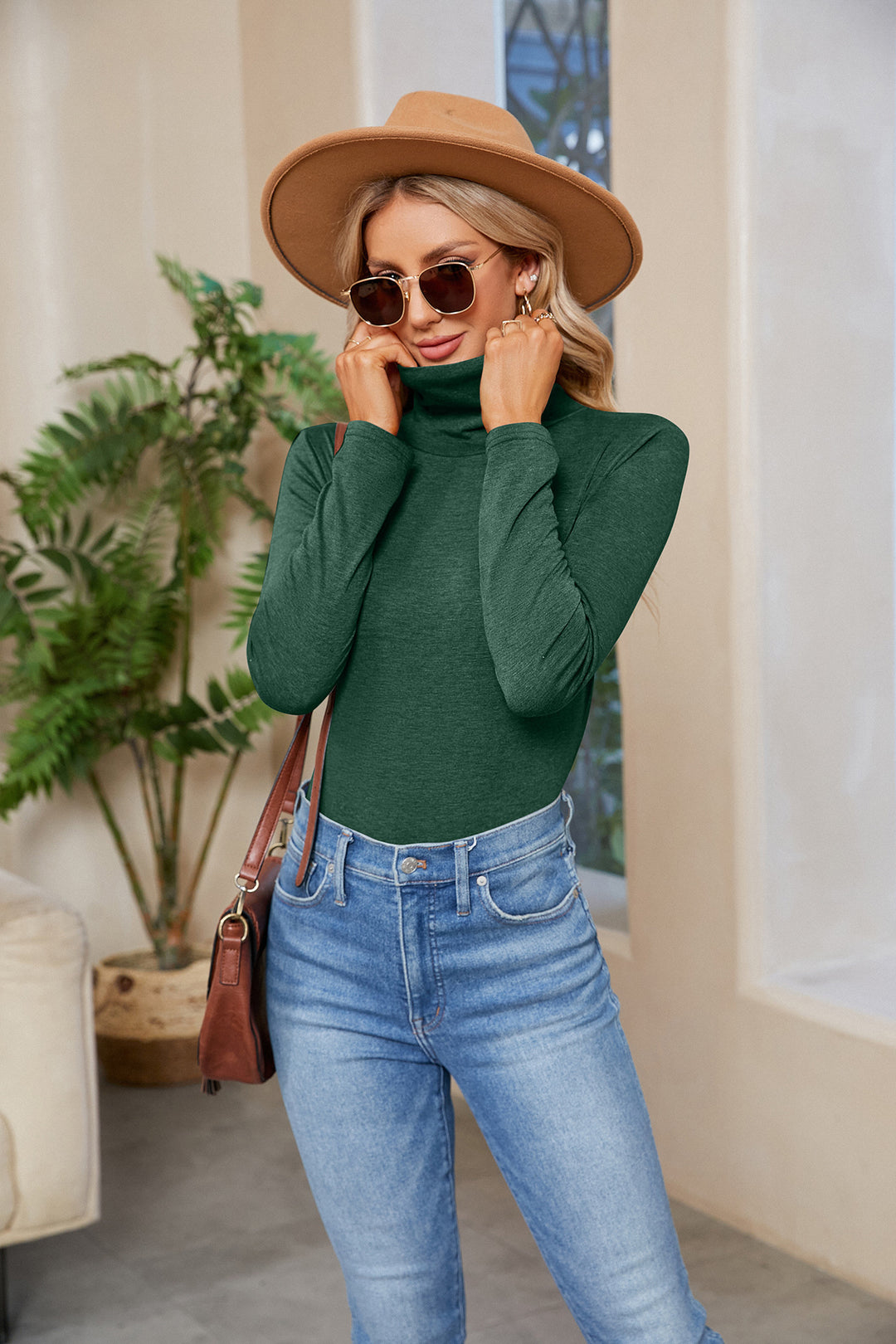Damen Figurnahe Stretch-Jersey Rollkragenoberteil mit langem Arm Shop Nory