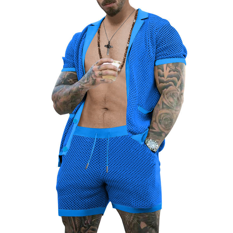 Herren nan offener Netzstrick-Cardigan mit passenden Kordelzug-Shorts