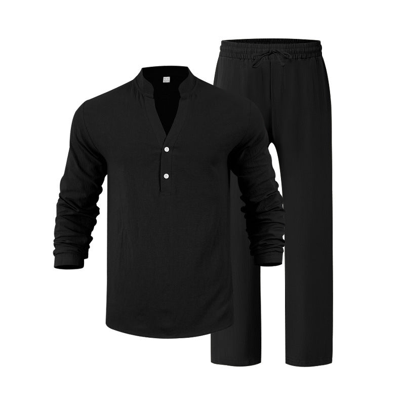Herren nan legeres Henley-Set aus leichter Leinenoptik mit Stehkragen und elastischer Tunnelzughose Shop Nory
