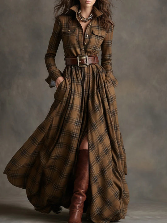 Damen nan karierte Maxikleid Hemdblusenkleid mit ausgestelltem Rock und breitem Taillengürtel Shop Nory