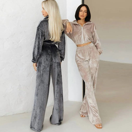 Damen luxuriöses Velours Lounge-Set mit kurzem Reißverschlussjacke und hochtaillierter Gummibund-Jogger Shop Nory
