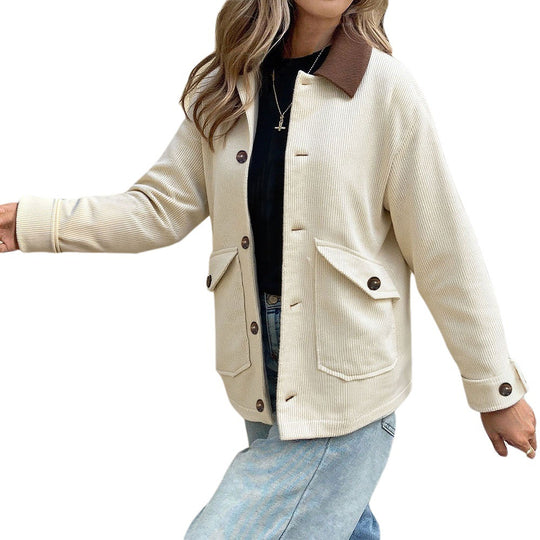 Damen Cordjacke mit kontrastkragen, aufgesetzten Taschen und Knopfleiste Shop Nory