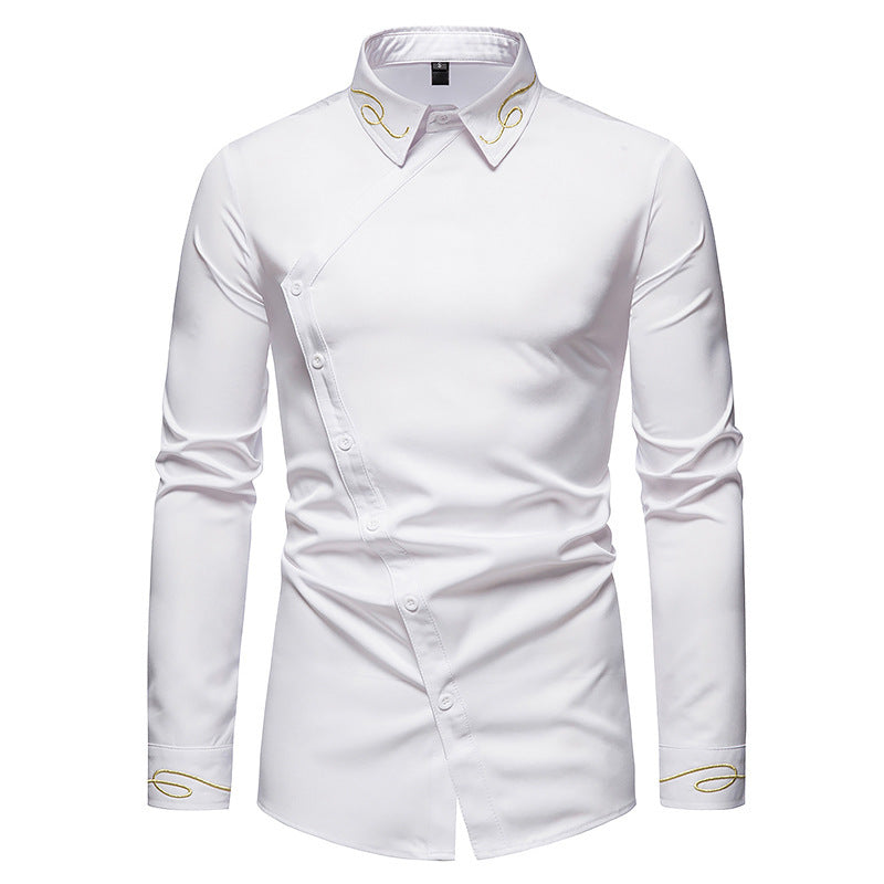 Herren Elegantes Langarmhemd mit asymmetrischem Knopfdesign und gesticktem Kragen
