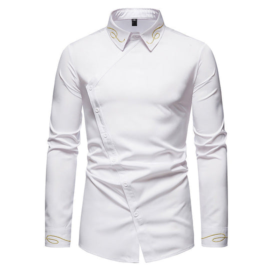Herren Elegantes Langarmhemd mit asymmetrischem Knopfdesign und gesticktem Kragen