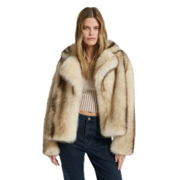 Damen Kurzboxy-Kunstpelzjacke mit voluminösem Schalkragen und Streifenoptik Shop Nory