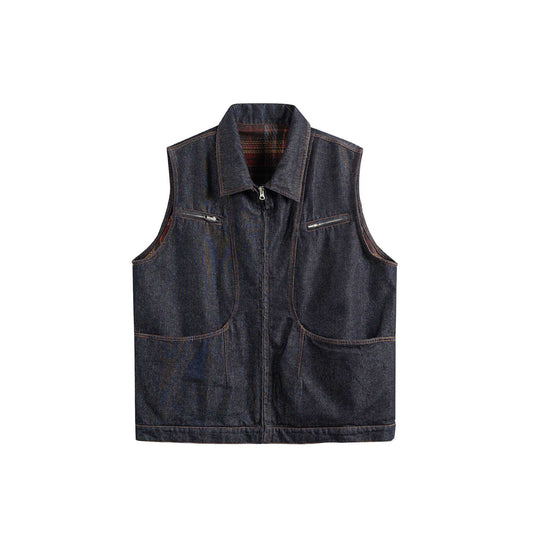 Herren Denim-Weste mit Reißverschluss, großen Pattentaschen und Karofutter Shop Nory