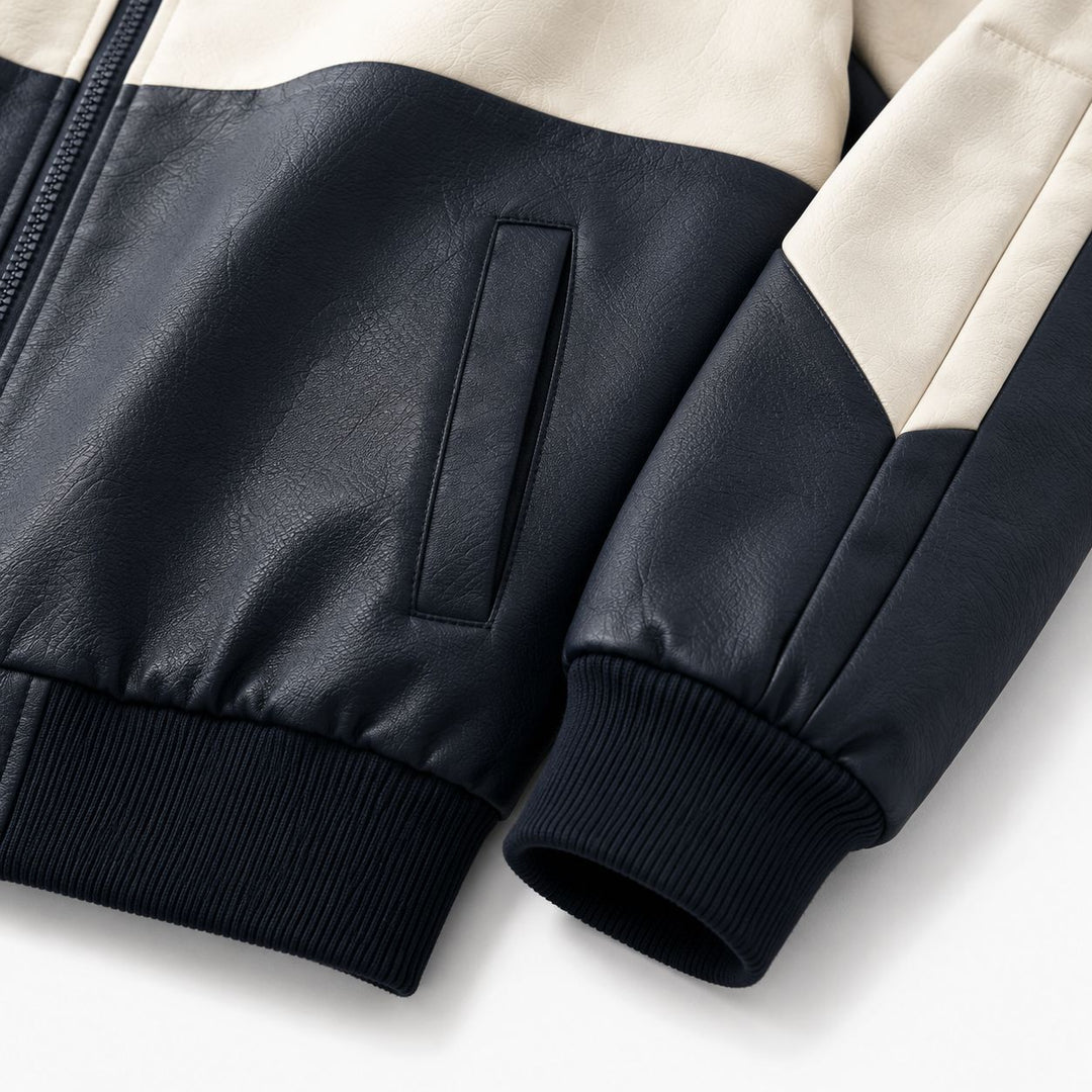 Herren Sportlicher Kapuzen‑Bomber mit Kunstlederoptik, Kontraststreifen und Reißverschluss Shop Nory