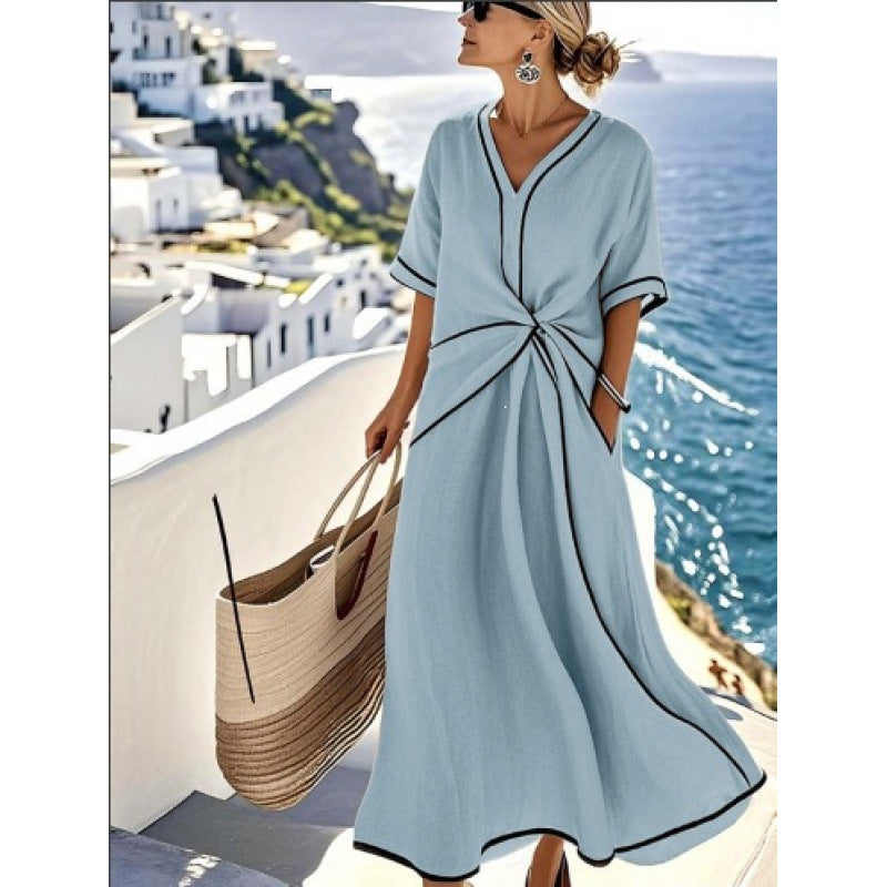 Damen Maxikleid mit V-Ausschnitt, seitlichem Knoten und Kontrastpaspeln Shop Nory