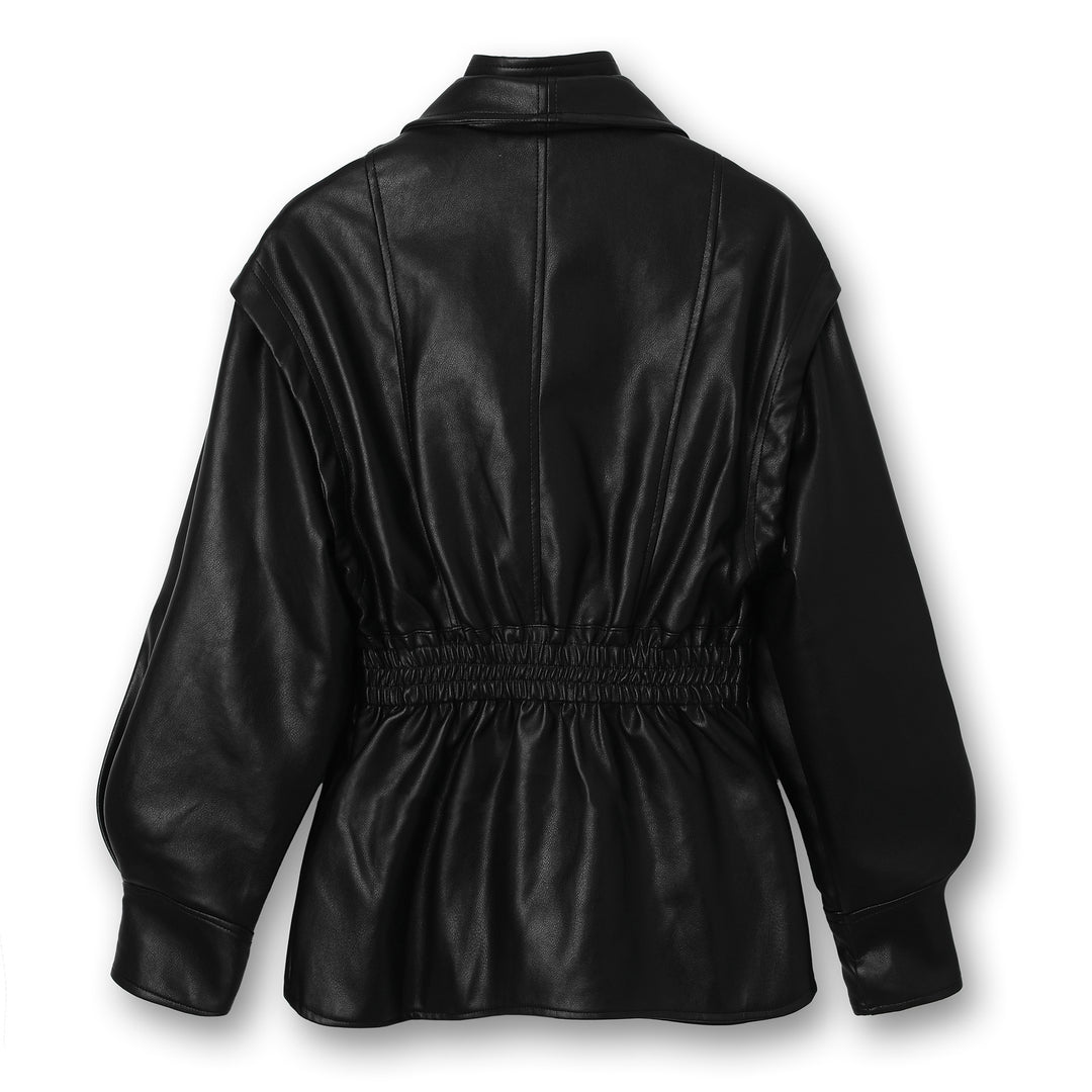 Damen Lederjacke mit taillierendem Kordelzug, großem Revers und voluminösen Ballonärmeln Shop Nory