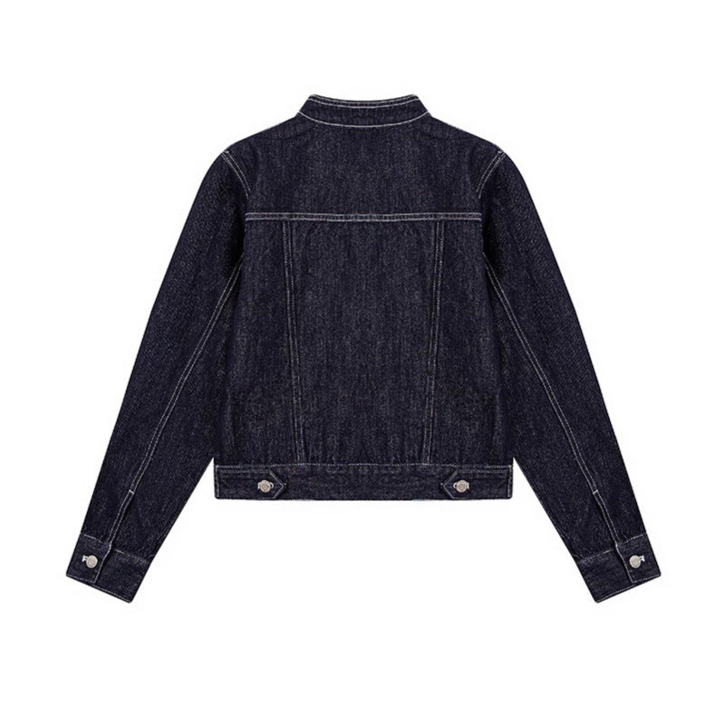 Damen Taillierte Jeansjacke mit Stehkragen, Ziernähten und Metallknopfverschluss Shop Nory
